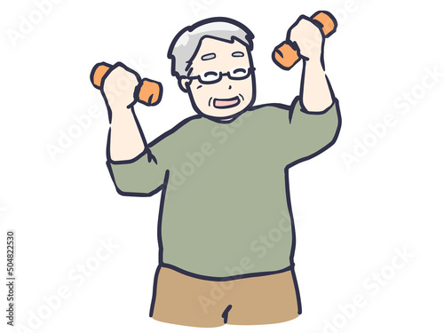 ダンベルを持って運動するシニア男性のイラスト