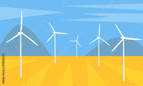 Wind energy landscape, Mountain ecology landscape. Sustainable wind energy turbines silhouette with mountains. Vector realistic powerful windmill