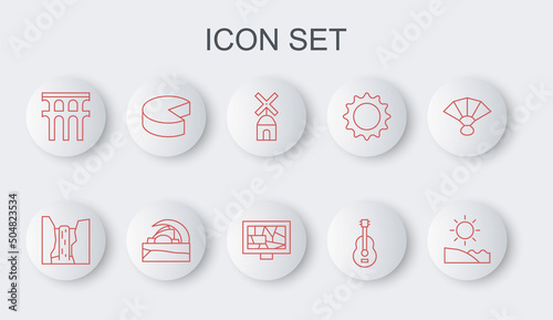 Set line Beach, Algar waterfall, Windmill, Spanish guitar, Aqueduct of Segovia, Cheese, Concert hall de Tenerife and Picture art icon. Vector