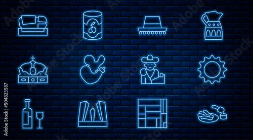 Set line Churros and chocolate, Sun, Spanish hat, wineskin, Crown of spain, Stadium Mestalla, Bullfight, matador and Olives can icon. Vector