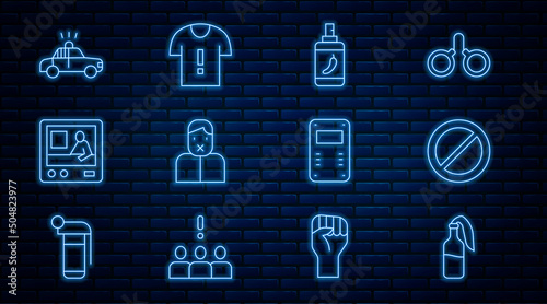 Set line Cocktail molotov, Ban, Pepper spray, Censor and freedom of speech, Television report, Police car flasher, assault shield and T-shirt protest icon. Vector