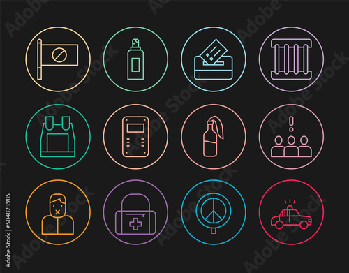 Set line Police car and flasher, Crowd protest, Vote box, assault shield, Bulletproof vest, Protest, Cocktail molotov and Paint spray can icon. Vector