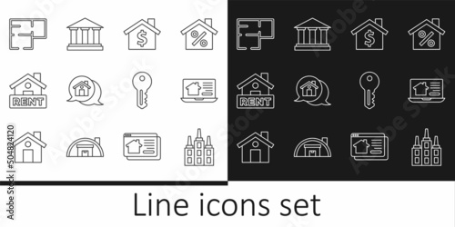 Set line Skyscraper, Online real estate house, House with dollar symbol, Real message, Hanging sign Rent, plan, key and Museum building icon. Vector