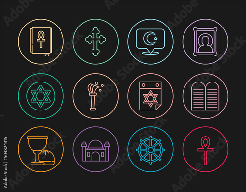 Set line Cross ankh, The commandments, Star crescent, Aspergillum, of David, book, Jewish calendar and Christian cross icon. Vector