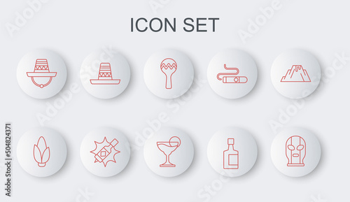 Set line Mexican wrestler, Corn, Maracas, Tequila bottle, sombrero, Tabasco sauce and Margarita cocktail icon. Vector
