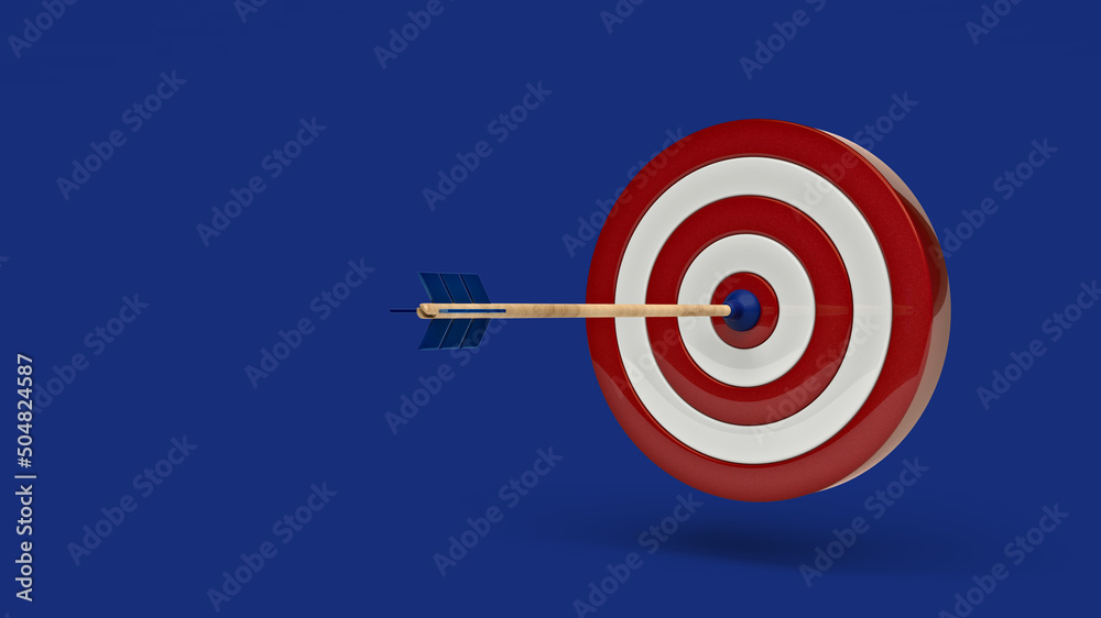Shiny 3D Bullseye Target Symbol with Toy Arrow Isolated on Horizontal Blue Background Shiny 3D Bullseye Target Symbol with Toy Arrow Isolated on Horizontal Blue Background