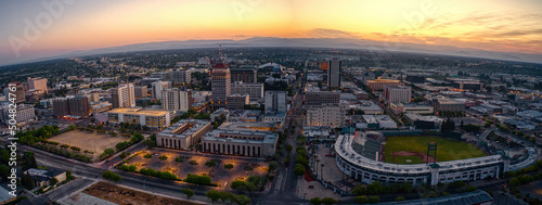 Aerial View of the Fresno, California Skyline at Dusk