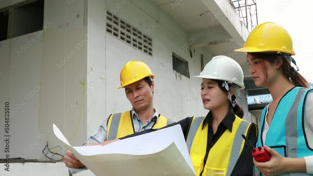 Construction foreman construction team engineers architects asian men and women work surveys, order work brainstorm meetings look at the blueprints of building renovation projects together. Construction foreman construction team engineers architects asian men and women work surveys, order work brainstorm meetings look at the blueprints of building renovation projects together.