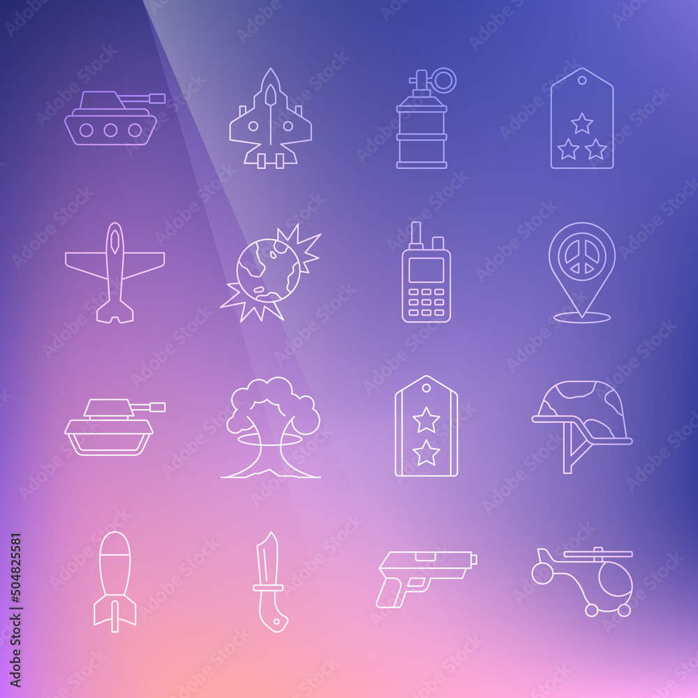 Set line Helicopter, Military helmet, Location peace, Hand smoke grenade, Bomb explosive planet earth, Plane, tank and Walkie talkie icon. Vector Set line Helicopter, Military helmet, Location peace, Hand smoke grenade, Bomb explosive planet earth, Plane, tank and Walkie talkie icon. Vector