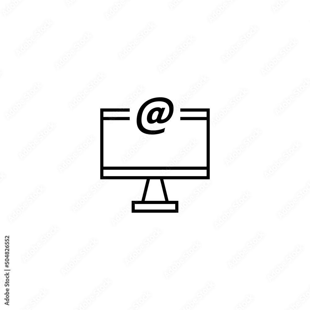 Monochrome sign drawn with black thin line. Perfect for internet resources, stores, books, shops, advertising. Vector icon of cat or at sign inside of computer Monochrome sign drawn with black thin line. Perfect for internet resources, stores, books, shops, advertising. Vector icon of cat or at sign inside of computer