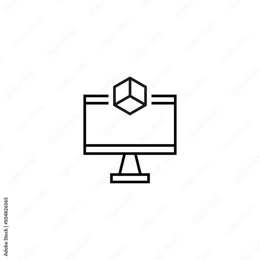 Monochrome sign drawn with black thin line. Perfect for internet resources, stores, books, shops, advertising. Vector icon of cube inside of computer Monochrome sign drawn with black thin line. Perfect for internet resources, stores, books, shops, advertising. Vector icon of cube inside of computer
