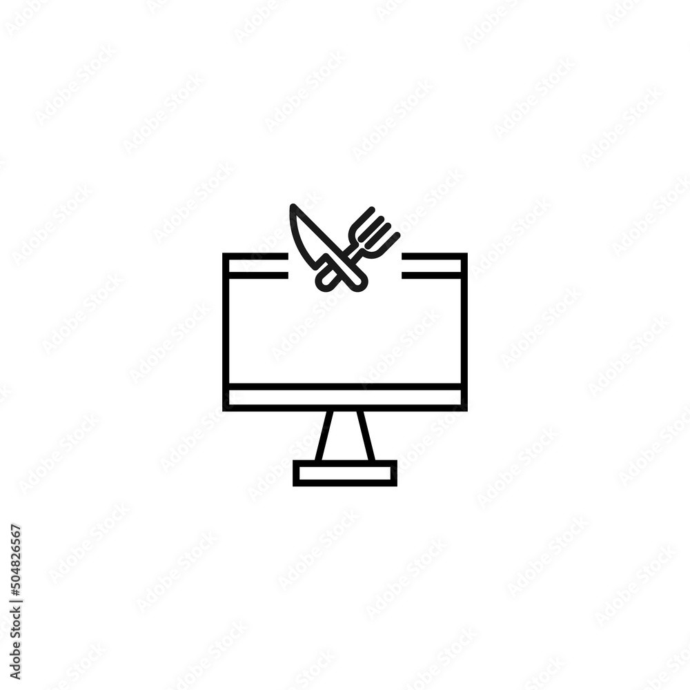 Monochrome sign drawn with black thin line. Perfect for internet resources, stores, books, shops, advertising. Vector icon of crossed knife and fork inside of computer Monochrome sign drawn with black thin line. Perfect for internet resources, stores, books, shops, advertising. Vector icon of crossed knife and fork inside of computer