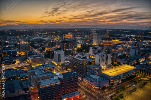 Aerial View of the Fresno, California Skyline at Dusk