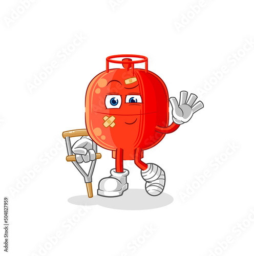 gas cylinder sick with limping stick. cartoon mascot vector