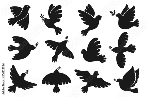 Peace symbol dove silhouette set. Freedom, humanity emblem peaceful and no war concept. Flying bird dove with olive branch sign, peace and love pigeon icon. Isolated shape simple logo design elements