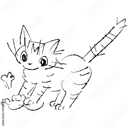 ネズミのおもちゃで遊ぶ 愛敬たっぷりの子猫 ベクターイラスト 線画