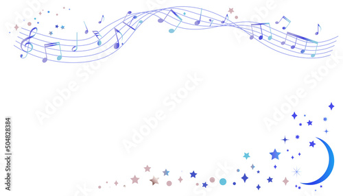 夜空をイメージした楽譜のフレームイラスト　　五線譜　背景イラスト　音符、休符、音楽記号のイラスト