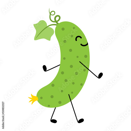 Cucumber cartoon cute happy smiling vegetable. Walking cucumber isolated on white background