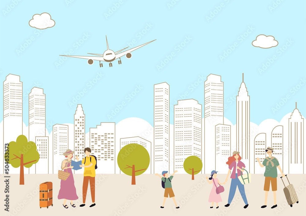 旅行を楽しむ人達 街並み背景 Stock Vector Adobe Stock 旅行を楽しむ人達 街並み背景 Stock Vector Adobe Stock