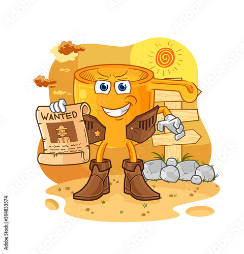 water dipper cowboy with wanted paper. cartoon mascot vector