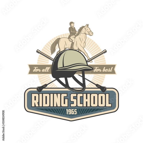 Riding school retro vector icon with horse, equestrian sport jockey, racehorse rider helmet and crossed whips, saddle and boots. Isolated equine harness and horseback riding equipment icon