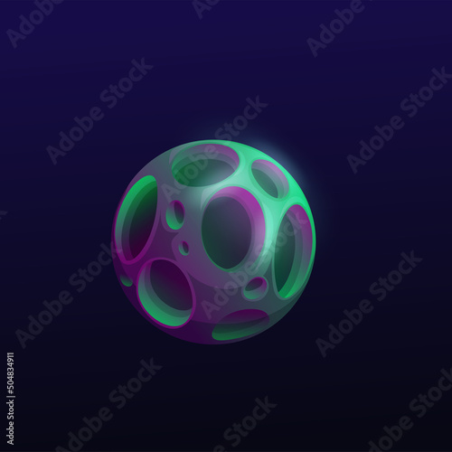 Mysterious space planet with deep holes. Vector galaxy sphere with craters, potholed green and purple colored surface. Globe in alien universe, Ui game isolated fantasy astronomical object in cosmos