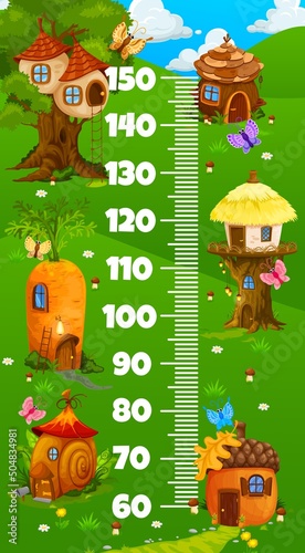 Kids height chart ruler, cartoon elf village and fairy houses of gnomes, vector growth measure meter. Baby height meter or child tall scale with magic fairy huts in acorn, nest, carrot and snail shell