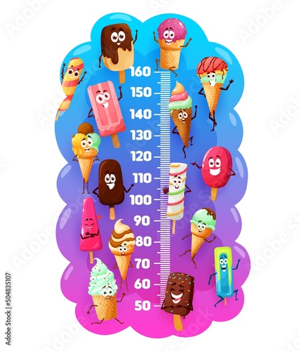 Kids height chart with ice cream cartoon characters, vector growth meter. Child measure ruler with cartoon frozen ice cream desserts. Chocolate and fruit gelato. eskimo and waffle cone, caramel scoop