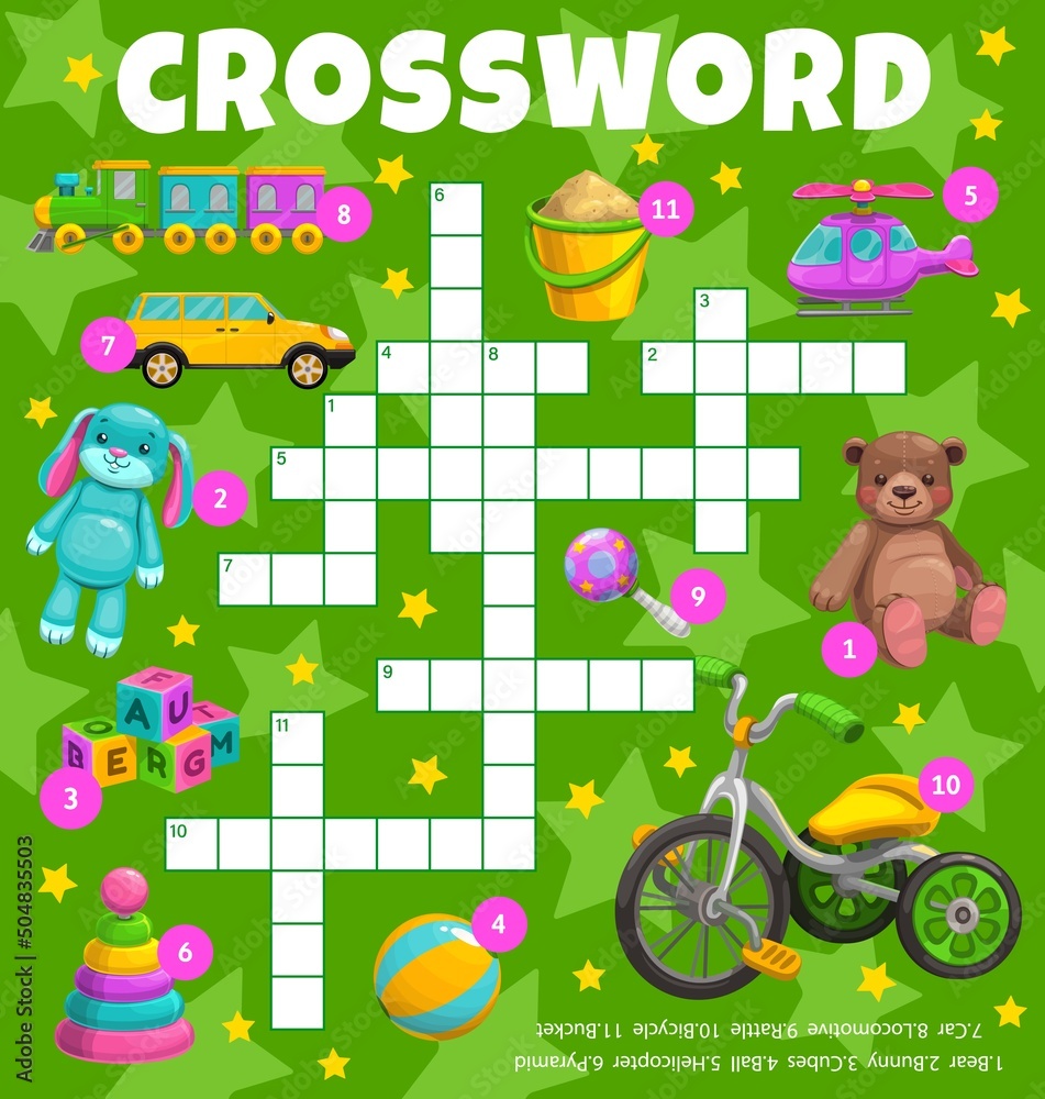 Cartoon kids toys vector crossword worksheet Find a word quiz game Cartoon kids toys vector crossword worksheet Find a word quiz game