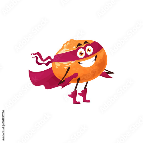 Orange fruit, cartoon superhero character in cape, vector food power. Orange fruit in super hero purple costume and mask with energy power, organic natural food and vitamins superpower
