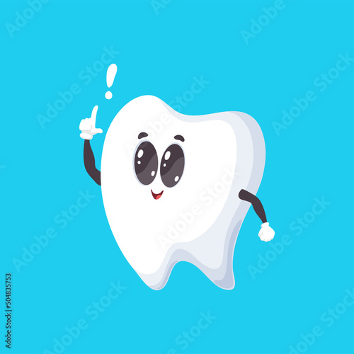 Human tooth cute comic emoticon with exclamation mark isolated. Vector dental clinic emblem, teeth implantation and oral hygiene. Healthy smile, tooth decay and cavity prevention, whitening