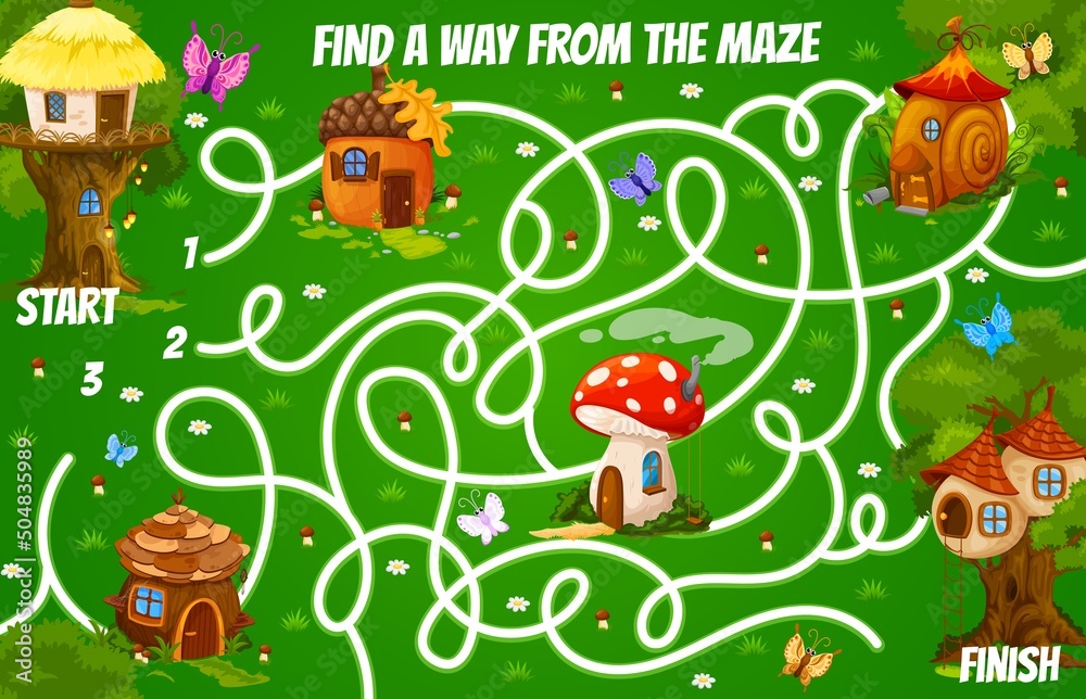 Fototapeta premium Labyrinth maze with wooden, acorn, snail, mushroom and nest cartoon houses. Kids vector board game with tangled path, start, finish and fairy homes on green field. Education children find a way riddle