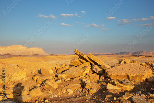 landscape at sunset in the Negev desert crater Mitzpe Ramon photo