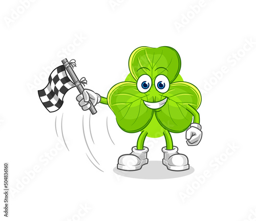 clover hold finish flag. cartoon mascot vector