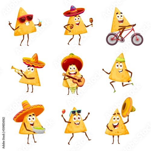 Cartoon mexican nachos chips characters music, sport and leisure activity. Happy vector nachos mariachi in sombrero playing on maracas, guitar and trumpet. Funny chips exercising, riding on bike