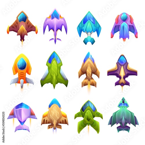 Cartoon starship, spacecraft and spaceship icons. Isolated fantasy vector rockets and shuttles of space game ui asset with fuselages, portholes and burning nozzles, galaxy explorers or warships