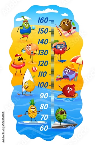 Kids height chart with funny cartoon fruits on summer beach vacation. Child height measure chart, growth measure vector meter with happy fruits characters swimming, diving and surfing on beach