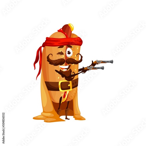 Cartoon funny hotdog pirate character. Funny vector fast food corsair wear red bandana and cape wink eye aiming with guns into target. Hotdog junk meal game or book personage, fastfood dish filibuster