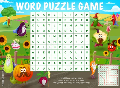Cartoon vegetable wizard and magician characters on farm field word search puzzle game vector worksheet. Quiz grid game with fairy veggies, tomato, carrot, chili pepper and garlic with magic wands