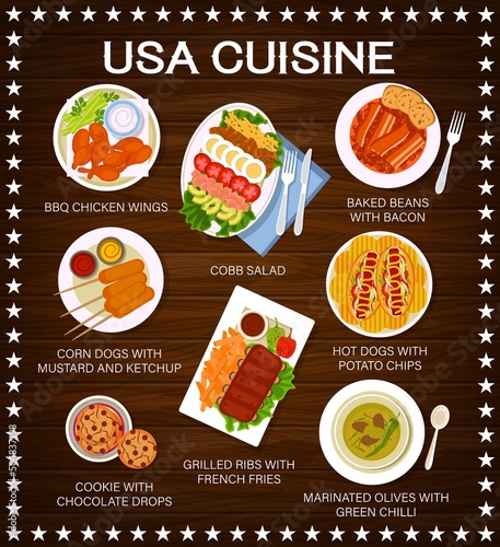 USA food restaurant dishes menu page. Marinated olives with chilli, grilled ribs with french fries and hot dogs with chips, cobb salad, cookies and corn dogs, BBQ chicken, baked beans vector
