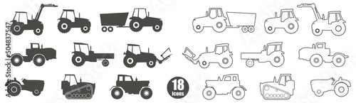 Agricultural machinery set. Vehicle for field farm work. Isolated industrial tractor transport icon collection.