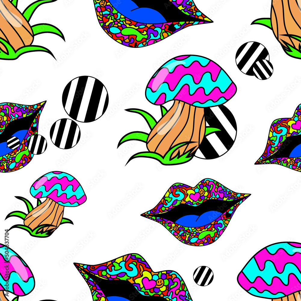 Psychedelic vintage pattern in the style of good vibes of the 1970s.retro illustration of mushroom lips.