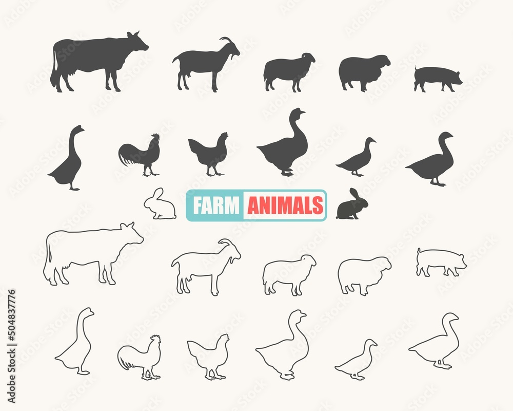 Farm animals silhouettes. Livestock and poultry icons. Thin line style Farm animals silhouettes. Livestock and poultry icons. Thin line style
