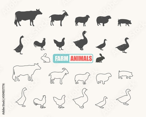 Farm animals silhouettes. Livestock and poultry icons. Thin line style