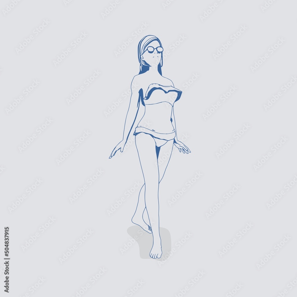 Illustration of a beautiful fashion model posing in a stylish swimsuit. Young attractive woman in bikini. Sketch style outline Illustration of a beautiful fashion model posing in a stylish swimsuit. Young attractive woman in bikini. Sketch style outline