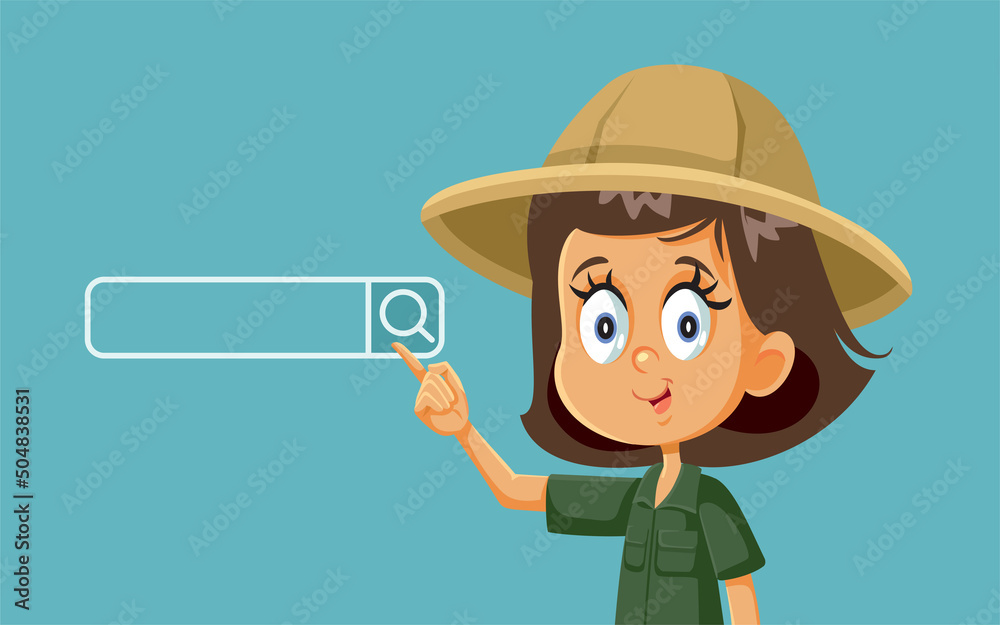 Little Explorer Girl Searching the Web Vector Cartoon Little Explorer Girl Searching the Web Vector Cartoon