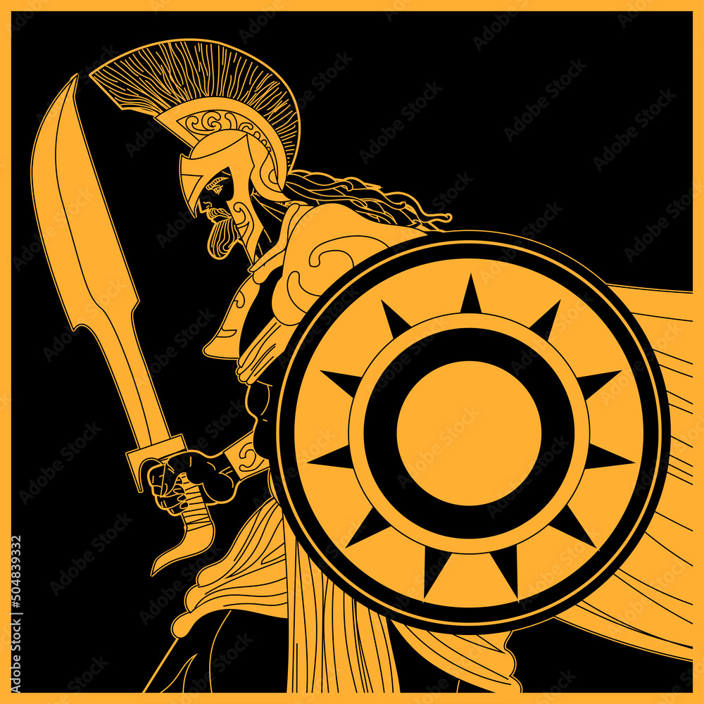 spartan soldier with shield and sword orange and black figure Stock