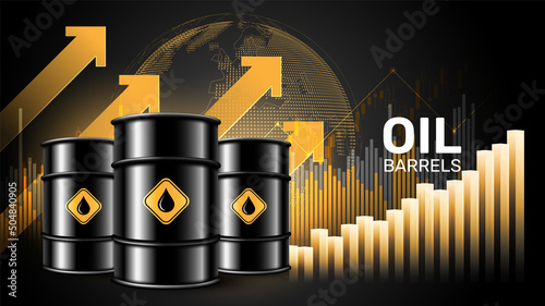 Oil price rising concept Oil barrels on a growth chart background. Investment market and trade arrows up, vector illustration
