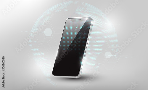 Realistic smartphone mockup with futuristic technology hologram earth and global network or communication world concept, mobile phone abstract background, vector illustration