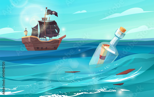 Bottle with paper message in it floating in sea. Pirates ship sailing in the distance . Cartoon vector illustration.